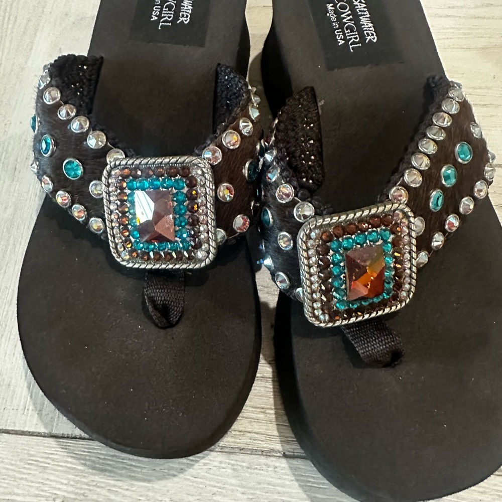 Wedge Thong Sandals with Turquoise and Amber Jewel Accents - Black